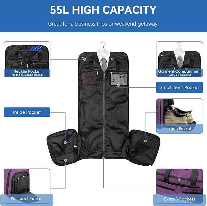 Large Garment Bag for Travel, Bukere Convertible Suit Travel Garment Duffel Bag for Women Business, Shoe Compartment, Detachable Shoulder Strap, 2 in 1 Hanging Suitcase Suit Travel Bags, Purple - Image 3