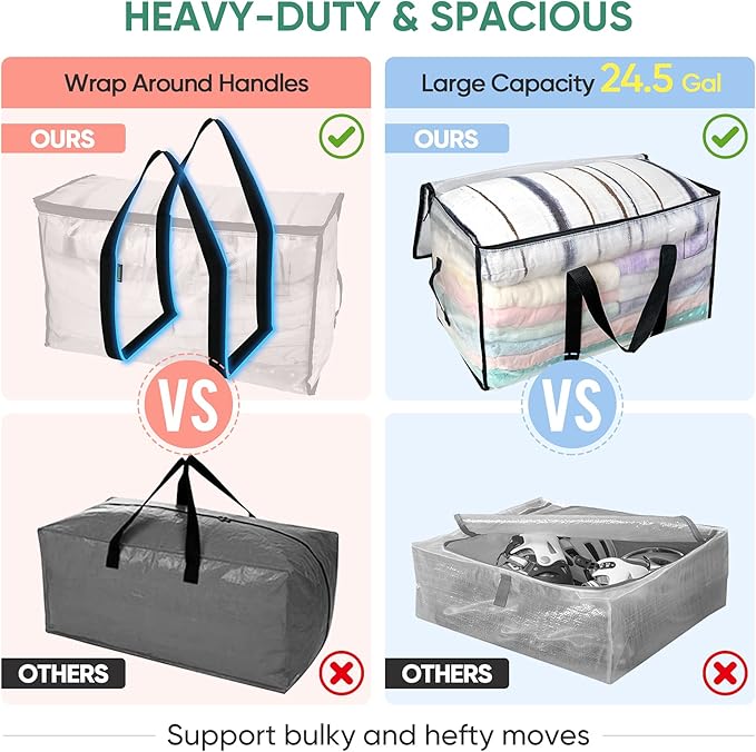 BALEINE 4-Pack Oversized Moving Bags with Reinforced Handles, Heavy-Duty Storage Tote for Clothes, Moving Supplies (Clear, 4-Pack) - Image 5