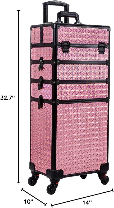 AROUS 5 in 1 Rolling Makeup Train Case with Lid Cosmetology Case on Wheels | Large Cosmetic Trolley Organizer with Keys Salon Barber Case Traveling Cart Trunk for Artist Hairstylists Nail Tech, Pink - Image 9