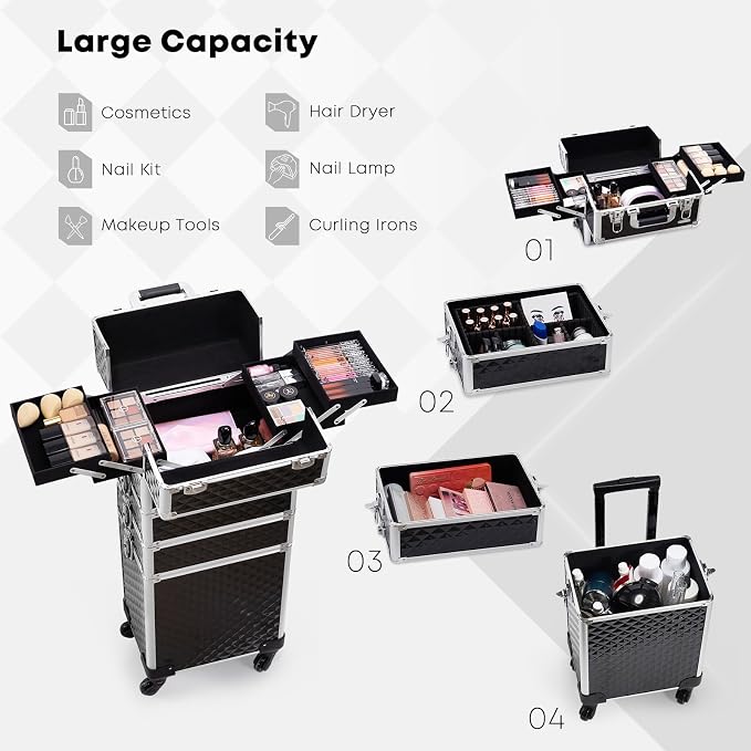 Faquenc Rolling Makeup Case with Wheels Professional 4 in 1 Cosmetic Train Case and Cosmetology Cart Trunk for Makeup Artists Hairstylists Nail Techs and Salons Large Storage Capacity, Black - Image 5