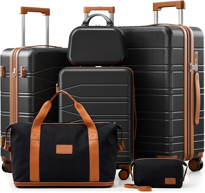 6 Piece Luggage Set Hardside Expandable Lightweight Suitcases with Wheels and TSA Lock, 20/24/28 Inch Travel Luggage Sets with Travel Duffel, 12In Cosmetic Case & Toiletry Bag for Family Vacation by Voyzap