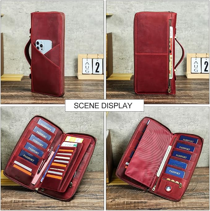 CONTACTS Family Passport Holder for 10 Full Grain Leather Compatible with Airtag Passport Holder Family Travel Document Organizer Multiple Rfid Blocking Passport Wallet (Red) - Image 7
