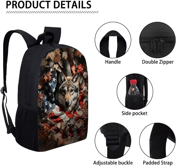 Wolf American Flag Maple Leaf Print Backpack Set for Boys and Girls, 4th of July Large Lightweight Students Schoolbag Set, Knapsack Set with Portable Lunch Box Pencil Case - Image 4