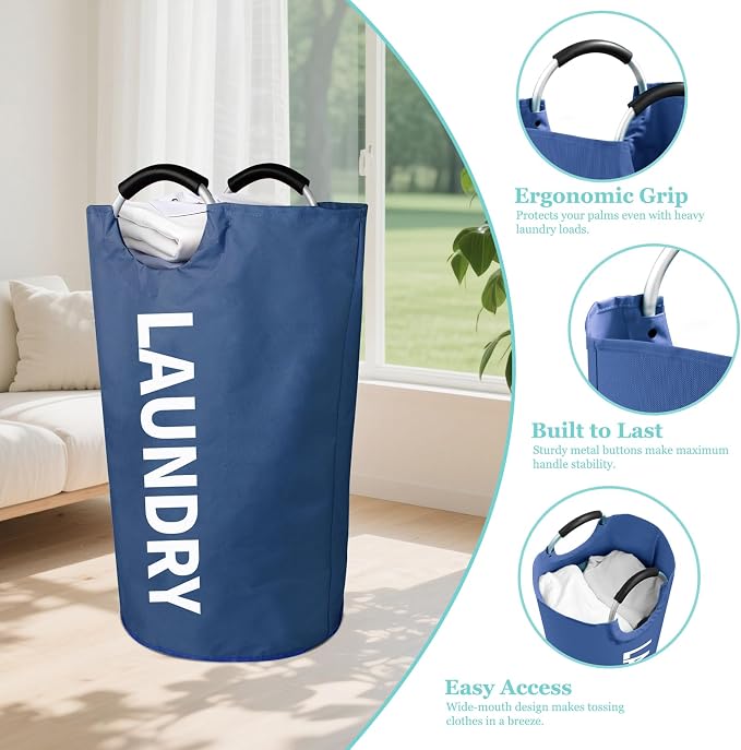 WOOHA 95L Large laundry basket,Collapsible laundry hamper, Tall Clothes Baskets Folding Washing Bin Foldable Fabric Hamper Bags for Bedroom, Closet,Bathroom,College,laundry bag,navy blue - Image 4