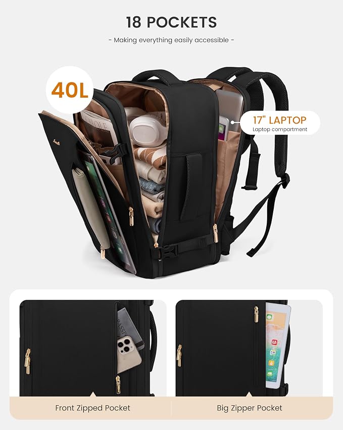 LOVEVOOK Travel Backpack For Women & Men with Waist Strap,40L Waterproof Carry On Backpack Luggage Travel Essentials Flight Approved,TSA Personal ltem Travel Bag Weekender Daypack with 3 Packing Cubes - Image 5