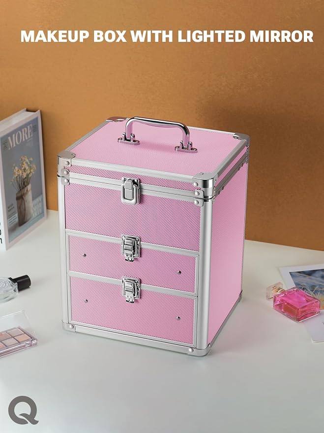 Qislee Makeup Box with Detachable Magnetic LED Mirror, Travel Train Case | Cosmetic Organizer, 2 Drawers for Skincare Products, Nail Polish, Waterproof Hard Makeup Case, Gift for Women, ICY Pink - Image 7