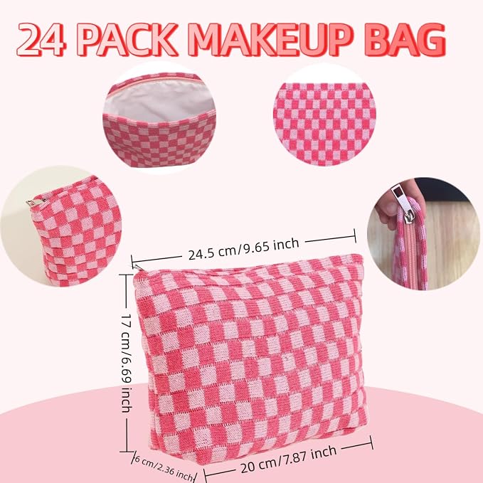 24 PACK Checkered Makeup Bag-Bulk Bridesmaid Proposal Gifts Makeup Pouch for Wedding Party Favors Bachelorette Party Decorations Travel Toiletry Organizer For Women Cosmetic Case Mon Gift(24, Pink) - Image 2