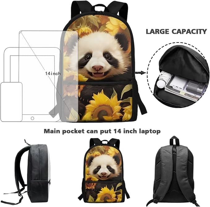 Sunflower Panda Print Backpack Set Schoolbag Boys Girls Large Backpacks Lunch Box Pencil Case 17 Inch Travel Laptop Computer Backpacks Rucksack Daypack with Ergonomic Straps - Image 3