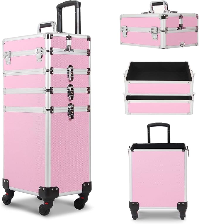 4 in 1 Rolling Makeup Train Case, Large Storage Cosmetic Trolley Makeup Travel Case with Key & Wheels Salon Barber Case Traveling Cart Trunk, Pink by CAMORSA