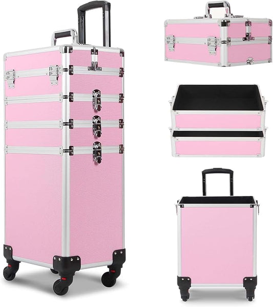 4 in 1 Rolling Makeup Train Case, Large Storage Cosmetic Trolley Makeup Travel Case with Key & Wheels Salon Barber Case Traveling Cart Trunk, Pink by CAMORSA