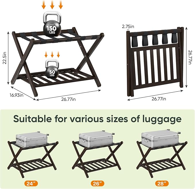 Smart FENDEE Fully Assembled Bamboo Luggage Rack, Folding Suitcase Stand with 5 Nylon Straps, Luggage Holders with Shelf, Ideal for Guest Room, Bedroom, Hotel, Espresso - Image 7