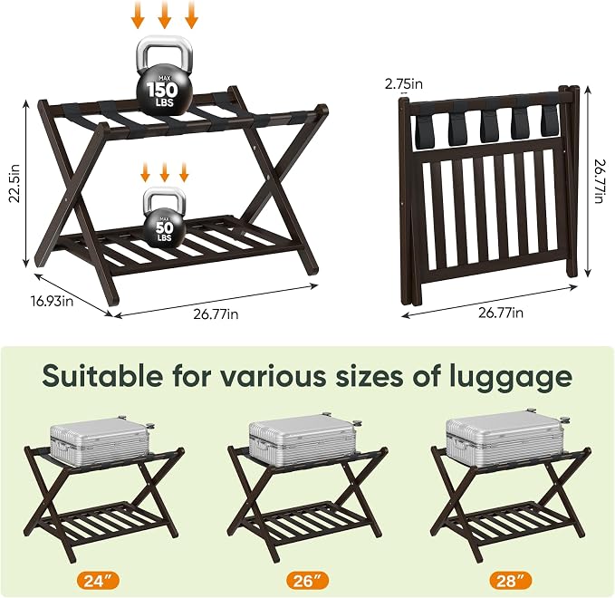 Smart FENDEE 2 Packs Fully Assembled Espresso Bamboo Luggage Racks, Folding Suitcase Stand with Shoe Shelf, 5 Nylon Straps, Heavy Duty Luggage Stands Ideal for Guest Room, Bedroom, Hotel - Image 8