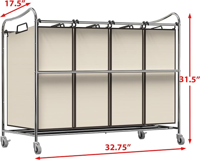 Simple Houseware 4-Bag Heavy Duty Rolling Laundry Sorter Cart, Chrome | Removable Bags and Lockable Wheels for Laundry Room Organization - Image 5