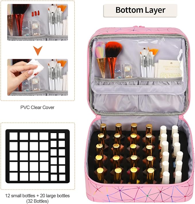 Ethereal Nail Polish Organizer Case, Holds 32+ Bottles(15ml/0.5fl.oz) and Nail Lamp, Double Layer Nail Polish Storage Bag for Nail Kit, Manicure Tools, Gifts for Girls - Image 4
