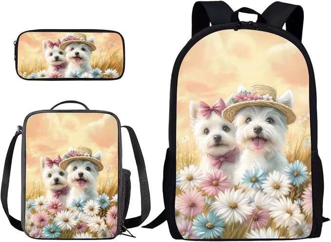 Westie Dog Daisy Flower Print Durable Backpack Set for Boys and Girls, Large Lightweight Schoolbag Set with Lunch Bag Pen Bag, Suitable for Elementary and Middle School Students by PCSJRKG