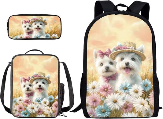 Westie Dog Daisy Flower Print Durable Backpack Set for Boys and Girls, Large Lightweight Schoolbag Set with Lunch Bag Pen Bag, Suitable for Elementary and Middle School Students by PCSJRKG
