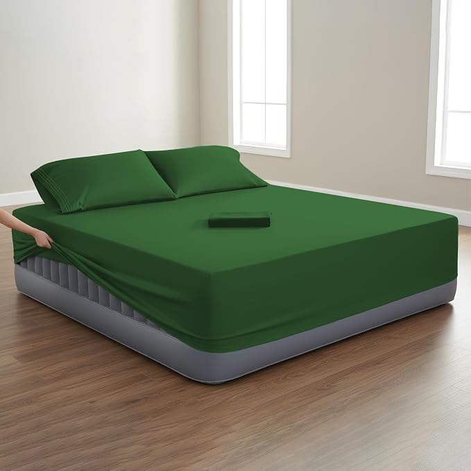 Mocassi 4-Piece Extra Deep Pocket 16-24 Inch Air Mattress Bed Sheet Set- 4PC Sheet Set with Smart Pockets Ideal for Air Beds, RVs, Camping and Guest Rooms Premium Hotel Quality, Full, Hunter Green - Image 2