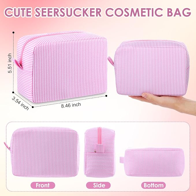 Sanwuta Seersucker Cosmetic Bag Bulk Striped Makeup Bag for Women Aesthetic Cute Travel Toiletry Organizer Preppy Storage Pouch for Wedding Bridesmaid Mother's Day Teacher Gift(Large,Pink,6) - Image 2
