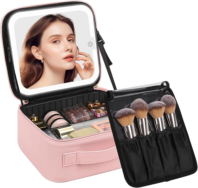Chomeiu Makeup Bag with LED Mirror, Cute Cosmetic Bags for Women and Girls, Travel Train Case Artists Organizer Large Make Up Bags with 3 Color Light Up Mirror & Removable Brush Compartment, Pink by Chomeiu