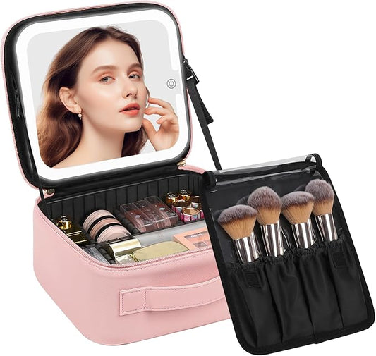 Chomeiu Makeup Bag with LED Mirror, Cute Cosmetic Bags for Women and Girls, Travel Train Case Artists Organizer Large Make Up Bags with 3 Color Light Up Mirror & Removable Brush Compartment, Pink by Chomeiu