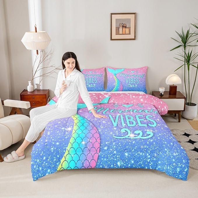 Girls Mermaid Tail Comforter Set Full Kawaii Coastal Fish Scales Bedding Set Glitter Star Galaxy Comforter Blue Pink Pastel Ombre Set Princess Bed Set Ocean Animal Quilt Duvet 2 Pillowcases Teal - Image 4