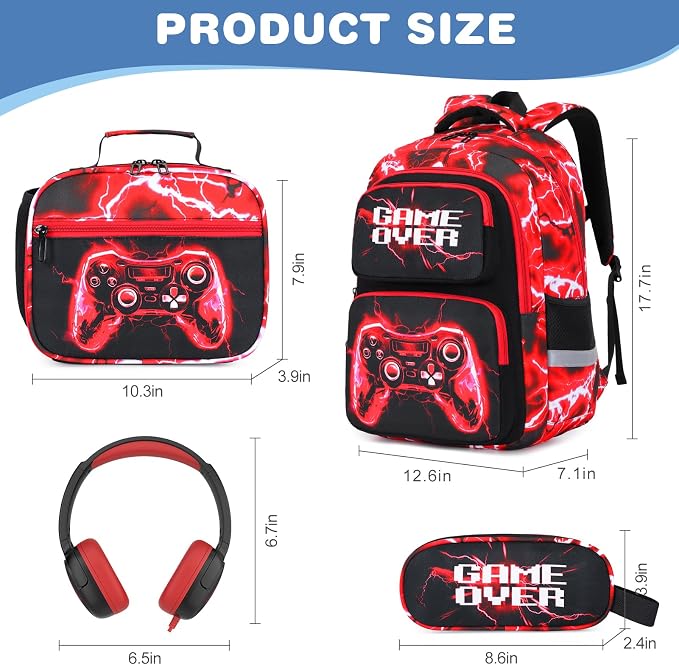 Bevalsa Backpack for Boys, School Bags for Kids with 3.5mm Jack Wired Headphones, Lunch Box & Pencil Case, Gamer Backpack for Kids Children Teens for Elementary Middle School Student (Red Lightning) - Image 2