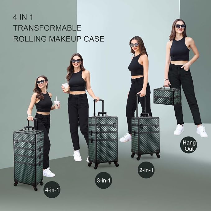 Stagiant Rolling Makeup Train Case Cosmetology Case on Wheels 4 in 1 Cosmetic Box Makeup Travel Case with Key Swivel Wheels Nail Artist Salon Barber StorageTraveling Cart Trunk Dark Green - Image 4