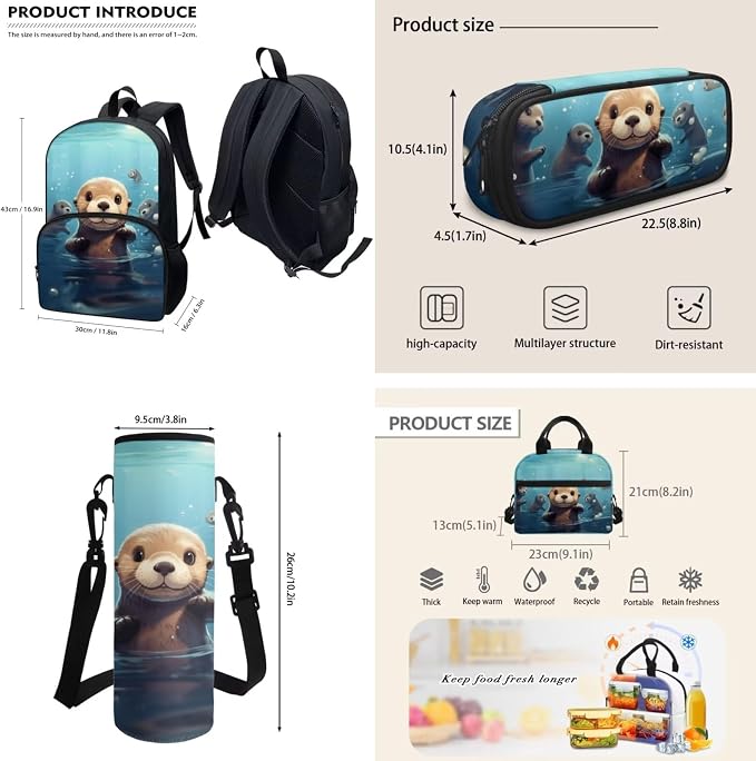 POLERO Sea Otter Backpack and Lunch Bag Set for Girls Boys Cute Cartoon Bookbags Children School Bag for Middle Elementary School - Image 3