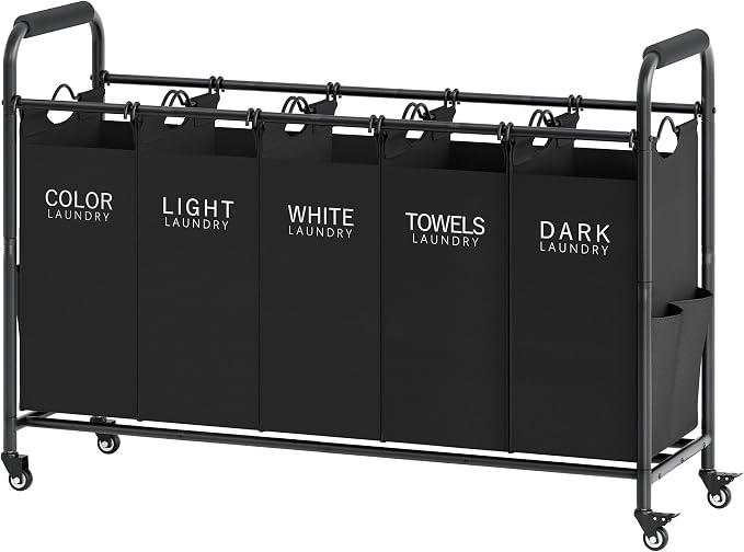 Tajsoon 5 Bag Laundry Sorter Cart, 5 Section Laundry Hamper with Heavy Duty Rolling Lockable Wheels, Laundry Basket Organizer with Removable Bags for Dirty Clothes Storage, Black by Tajsoon