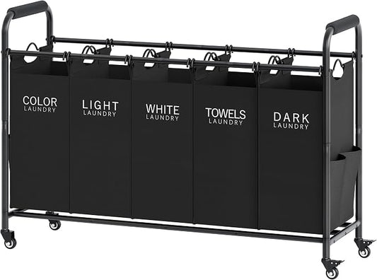 Tajsoon 5 Bag Laundry Sorter Cart, 5 Section Laundry Hamper with Heavy Duty Rolling Lockable Wheels, Laundry Basket Organizer with Removable Bags for Dirty Clothes Storage, Black by Tajsoon