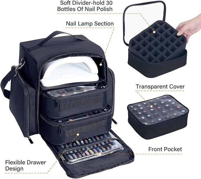 Nail Polish Organizer Case Hold 60 Bottles with 2 Detachable Bag,Black | Portable Travel Storage Box Designed for Women's Nail Tools, Essential Oils and Cosmetics Sets - Image 4