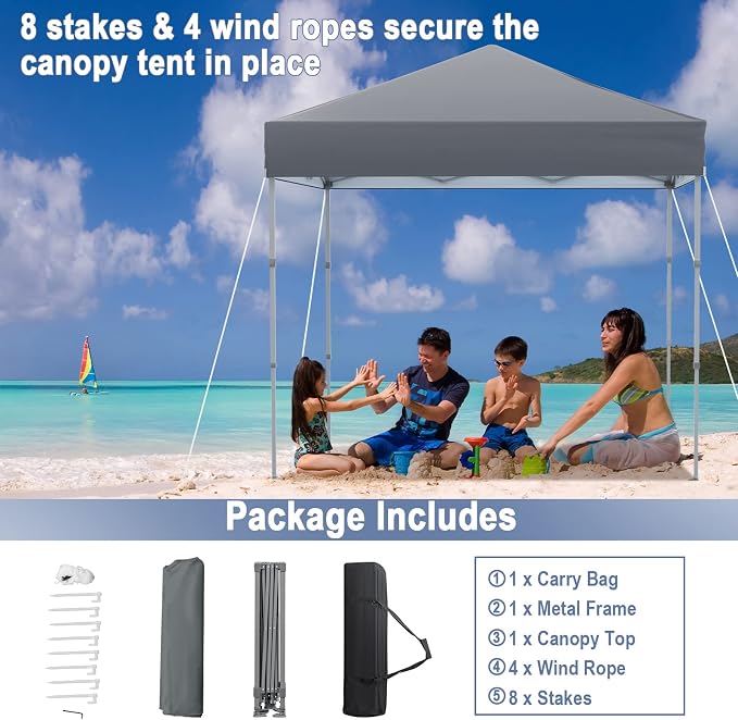 6.6 x 6.6 Ft Pop Up Canopy, 1 Person Instant Setup Canopy Tent with Push Center Lock, 8 Stakes, 4 Ropes & Carrying Bag, Portable Easy Up Gazebo Shelter for Outdoor Camp, Beach, Patio & Party - Image 5