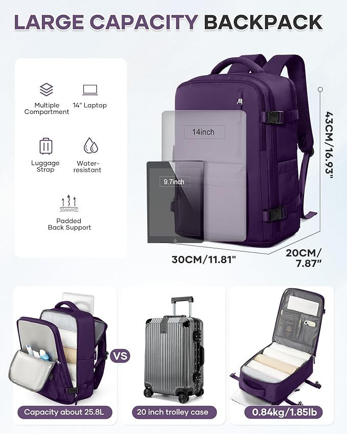 WONHOX Large Travel Backpack Women,Carry On Laptop Backpack Flight Approved,Mochila De Viaje Men Hiking Waterproof Rucksack Casual Daypack with Shoes Compartment,Personal Item Travel Bag Dark Purple - Image 4