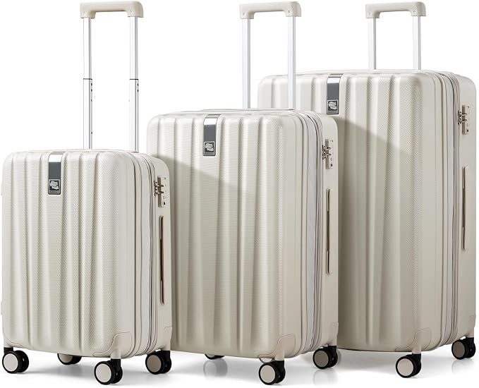 Hanke Expandable Hardshell Luggage Sets 3 piece Carry on Luggage with Wheels Suitcases Lightweight Checked Travel Luggage Rolling Large Suitcase Travel Luggage Bag Woman Men 20/24/29 Inch(Ivory White) by Hanke