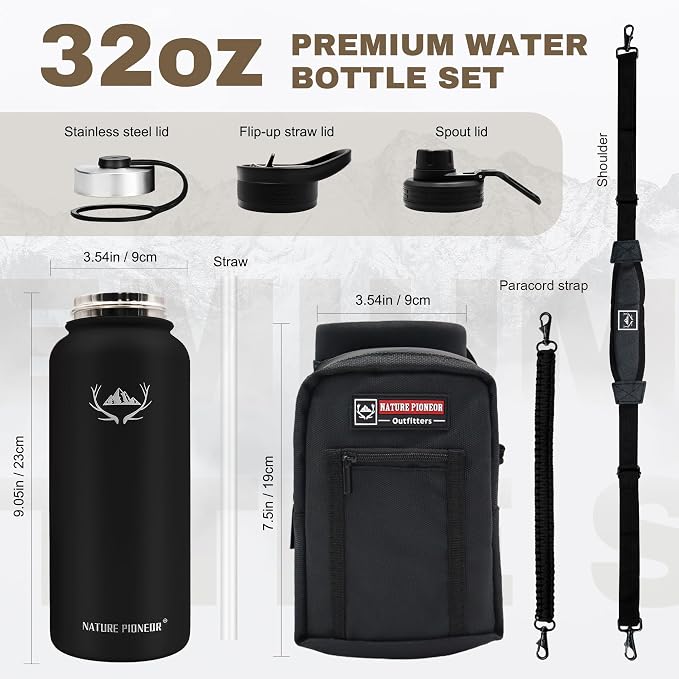 NATURE PIONEOR 32 oz Insulated Water Bottle with Carrier Bag & 3 Lids | 18/8 Food-grade Stainless Steel, Double Vacuum Insulation, 3 Leak-proof Lids, Strap, Camping, Hiking, Gym, Work - Image 6