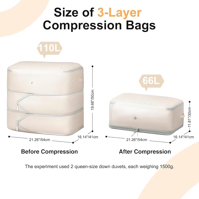 Comforter Storage Bag - Large Capacity Blanket Storage Bags 3-Layer Ultra Space Saving Self Compression Organizer, Washable Compression Bags for Storage Comforter Blanket, 8-Pack, Beige - Image 2
