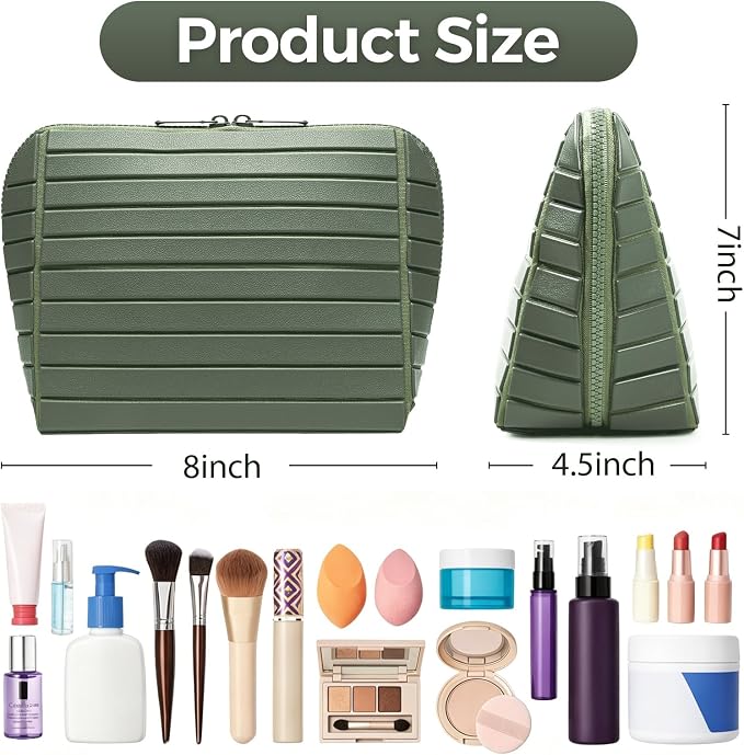 Travel Makeup Organizer Bag with Fold-Down Design and Adjustable Dividers, 27 Pockets & 3 Brush Storage Holders, Large Capacity Cosmetic Bags Toiletry Case - Dark Green - Image 4