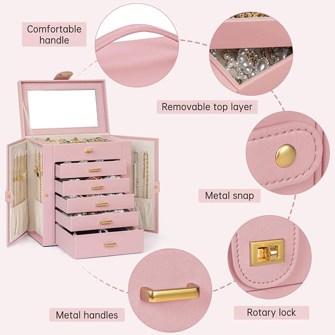 AKOZLIN 6-Tier Jewelry Box Organizer Functional 5 Drawers Leather Jewelry Storage Case for Women Girls Ring Necklace Earring Bracelet Holder Organizer with Mirror Medium Pink - Image 3