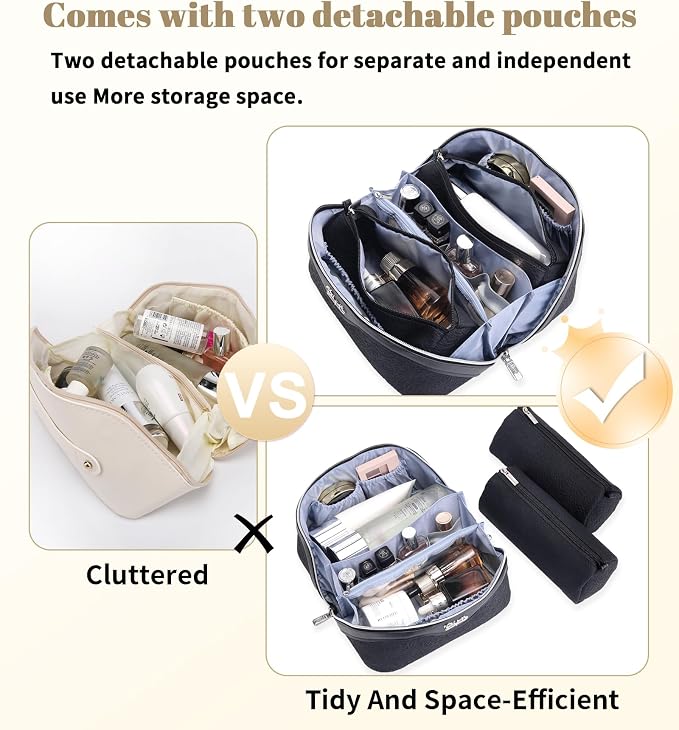 BOYATU Travel Makeup Bags Cosmetic Organizer Bag: 3-Set Large Capacity Make up Bag - PU Leather Toiletry Bags for Women - Wide Open Portable Pouch with Divider & Handle (A-Black) - Image 4