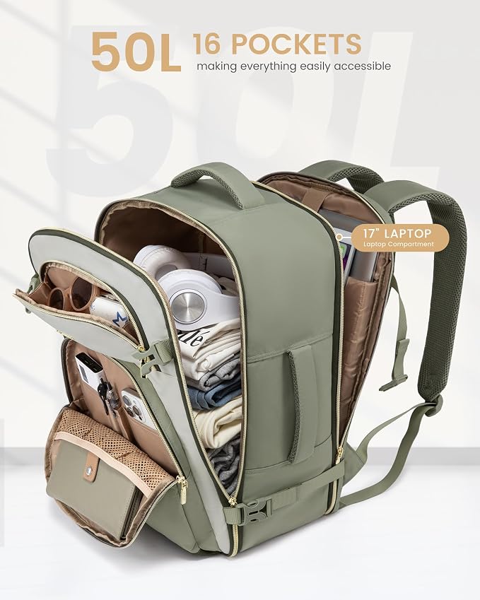 LOVEVOOK Travel Essentials Carry on Backpack 50L Travel Backpack for Women Men,Waterproof TSA Personal Item Travels Bag Airline Flight Approved,Large Carry on Luggage Laptop Backpack with Packing Cube - Image 3
