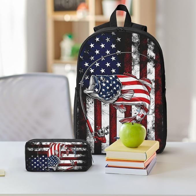 USA Fish Kid Backpack Set with Lunch Bag & Pencil Case Large Capacity School Bag 17 Inch Bookbag for Boy Girl - Image 6