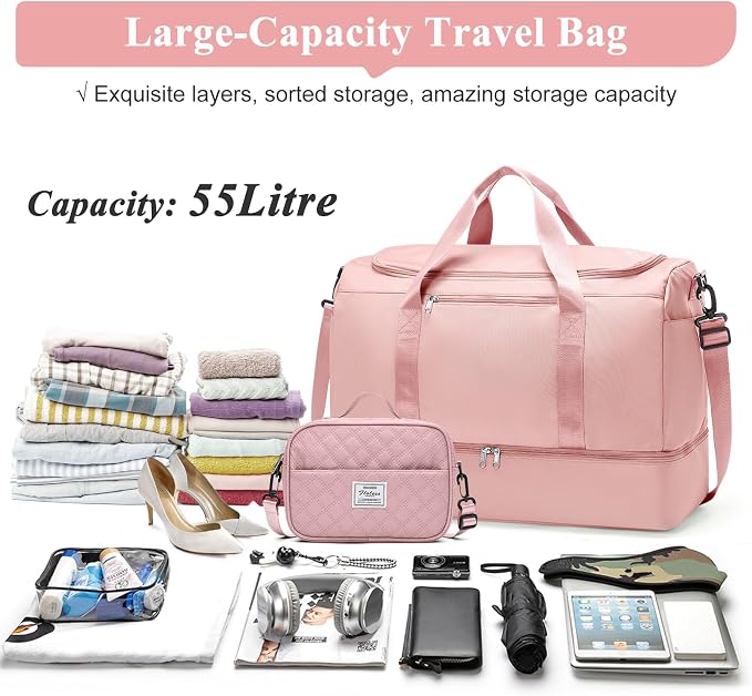 Extra Large Travel Duffle Bag,Carry-on Overnight Bag with Shoes Compartment,Weekender Bags for Women for Travel Business Trips Sport Hospital,3 Pcs Set,Pink - Image 3