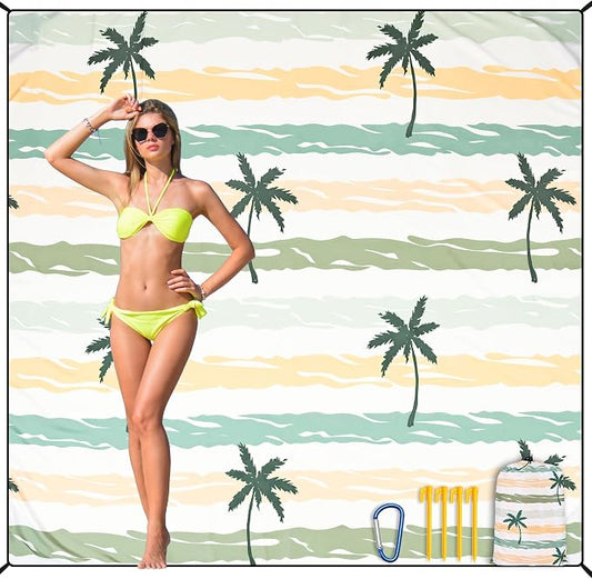 HIHOHO Beach Blanket Waterproof Sandproof Beach Mat 79”x 83” for 1-8 Adults Quick Drying Durable Outdoor Picnic Mat for Beach Festival Travel Camping Hiking (Stripes Cocotree-YL&GN, 79"×83"(4 Person)) by HIHOHO