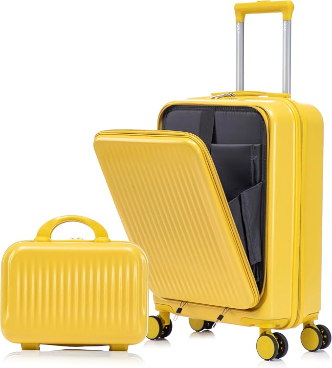2 Pcs ABS Spinner Luggage Set - 14" Cosmetic Case & 20" Carry-On with Combination Lock, Front Opening Design, Yellow by LUCCALILY