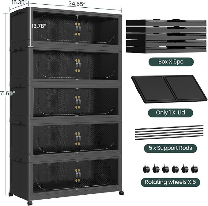 300Gal/1200QT 5-Tiers Extra Large Stackable Storage Bins with Lid, Collapsible Cabinet Closet Organizer Plastic Container Box with Wheels Doors Drawers for Office Dorm Kitchen, Black - Image 2