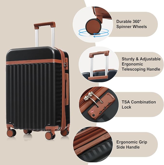 Hardshell Luggage, Lightweight Suitcase with Spinner Wheels, BLACK+USB - Image 2