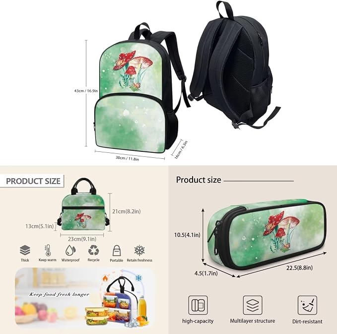 Green Mushroom Backpack with Lunch Box and Pencil Case Girls Comfy Padded Cute School Backpack Set of 3 Bookbag for Student Lightweight Large Capacity Daypack - Image 4