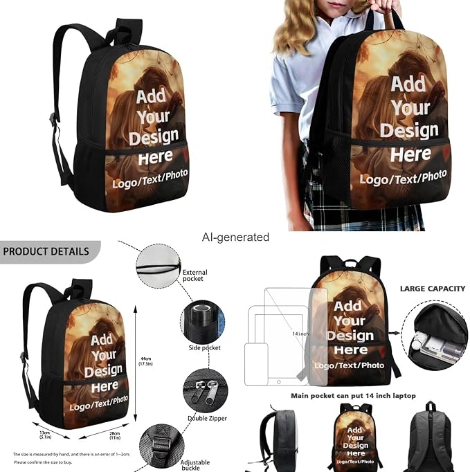 Custom Backpack for Girls Boys Backpack with Lunch Box Water Bottle Holder with Strap and Zipper Pencil Case 4PCS Set Bookbag with Front Pocket for School Teens 17 inch Sturdy School Bag - Image 3