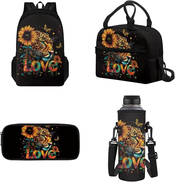 4 pcs Kids Backpack Set, Love Tiger Print School Supplies Include School Bags Book Bag with Insulated Lunch Bag Kit Pen Bags Water Bottle Sleeve Set for Kids Teens Boys Girls by Tomeusey