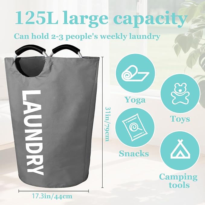 WOOHA 125L Large laundry basket,Collapsible laundry hamper, Tall Clothes Baskets Folding Washing Bin Foldable Fabric Hamper Bags for Bedroom, Closet,Bathroom,College,laundry bag,Darkgray - Image 2